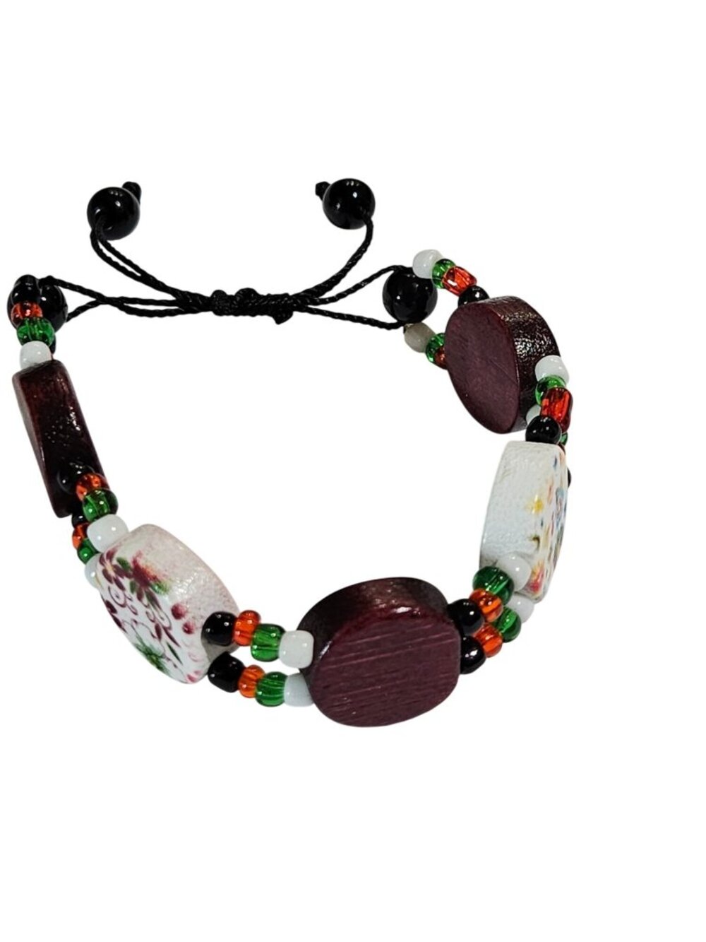 Artisan Wooden Beaded Bracelet Floral Adjustable Black Cord